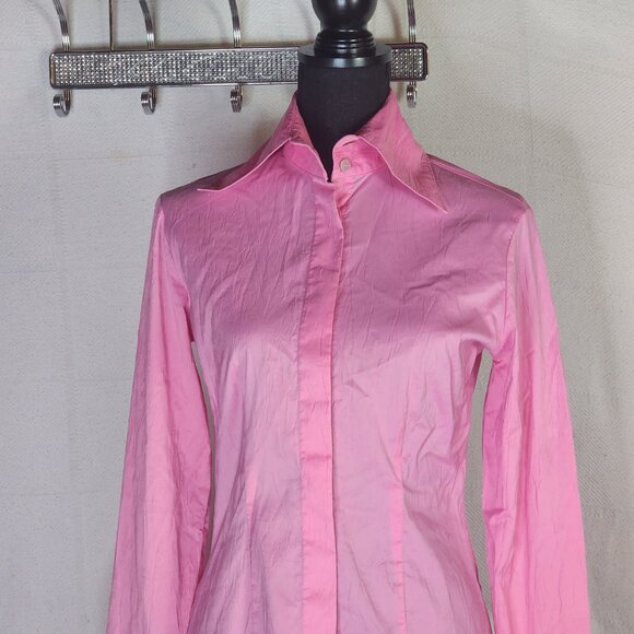 Farinaz Taghavi Pink Imported Cotton Poly Fancy Cuff LS Button Up Dress Top Sz 2 - Picture 3 of 16